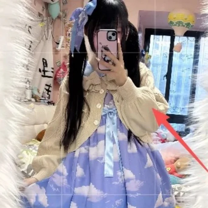 

Autumn Winter Lolita Versatile Soft Sweet Cute Girls Short Knitted Cardigan Fashion Lantern Long Sleeve Bow Sweater Coat