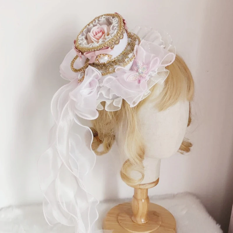 Copricapo vittoriano Vintage cappello a cilindro piatto ragazza Lolita pizzo fiore rosa cappello splendido elegante fiocco partito cofano cappello gotico copricapo