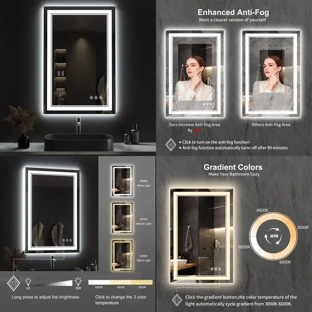 

Зеркало для ванной с LED-подсветкой 24x36 дюймов, 3 цветовых температуры, высокий CRI, защита от запотевания, варианты настенного крепления