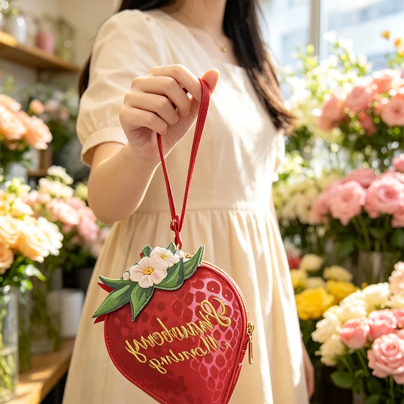 Erdbeerförmige Lolita-Mädchen-Handtasche, Japanische Süße Niedliche Münzbörse, Damen-Geldbörse mit Buchstabenstickerei und Reißverschluss – Detail 5