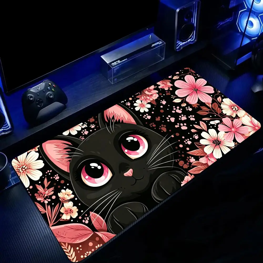 Pink Flowers and Black Cat Mouse Pad Large Computer Office Game Table Mats Rubber Anti-slip XXL Mouse Mat HDP Long Desk Pads