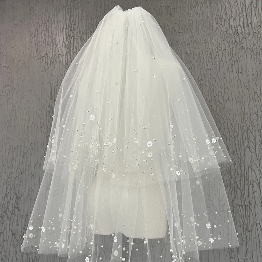 Nouveauté deux couches mariée voiles de Mariage perles fleur ivoire court voile de mariée Boda velo de novia Matrimonio