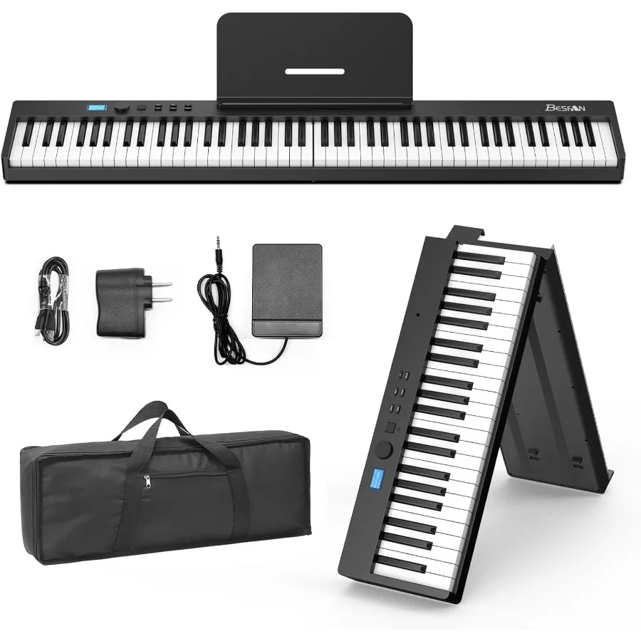 

BESFAN 88 Key Portable Folding Piano Keyboard with SemiWeighted Keys 128 Tones USB MIDI Connectivity Sustain Pedal Music Stand