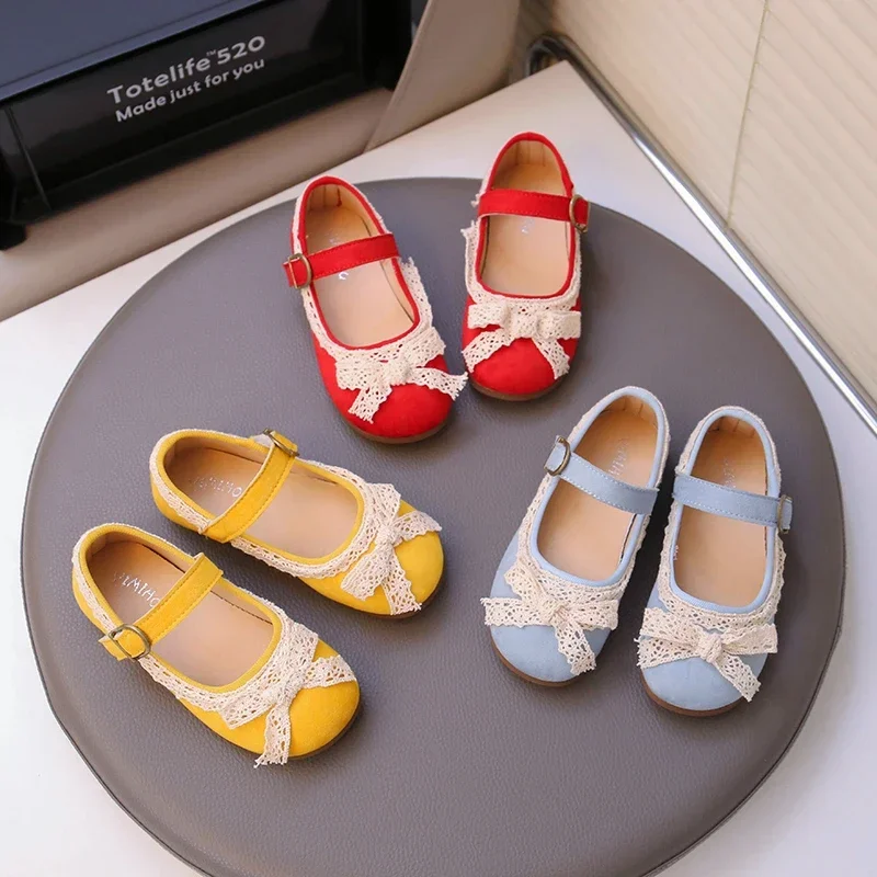 

Girls Princess Shoes Round Toes Soft Kids Dance Shoes Sweet Lace Bows 2025 Brand New Children Flat Shoes Non-slip Candy Color