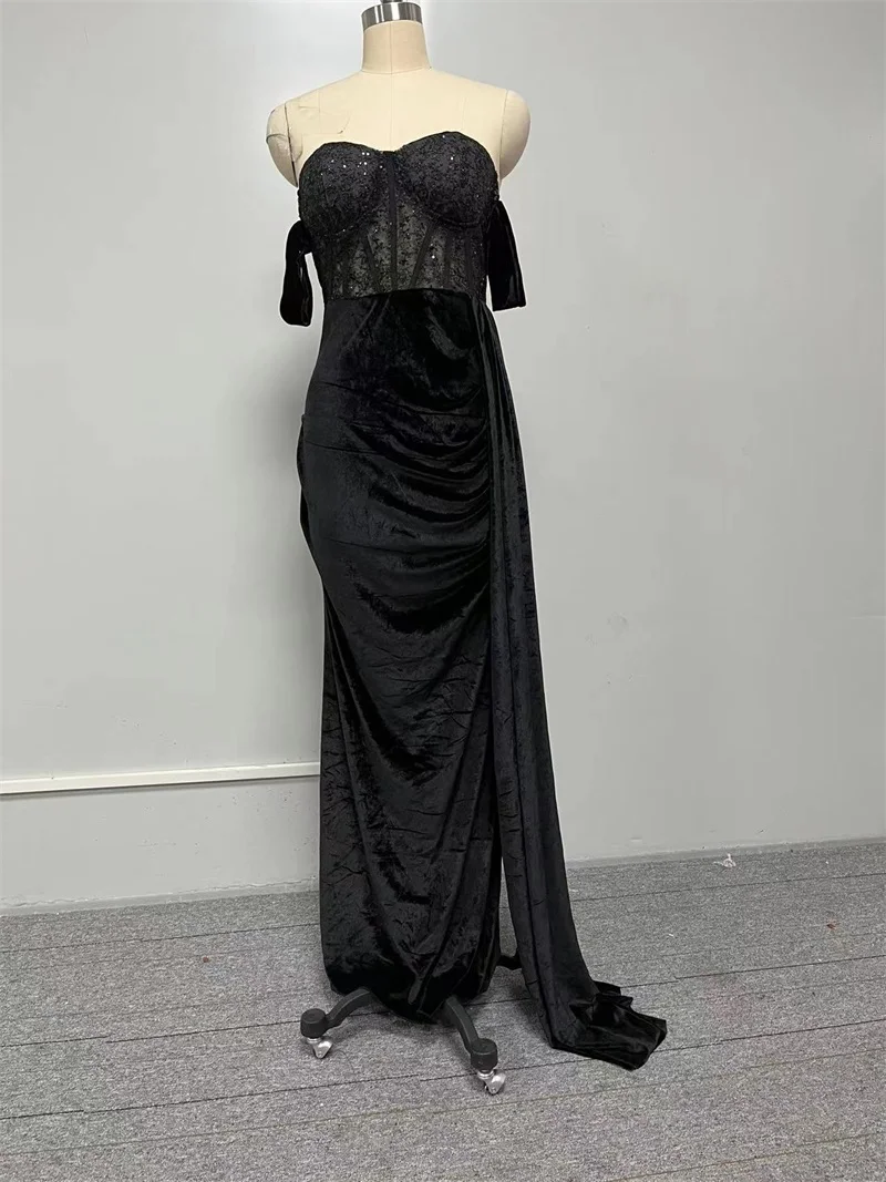 Lace Off The Shoulder Women Prom Dress Split Tube Top Fishtail Skirt Unique Short Black Sleveeless Evening Dress Newest In Stock