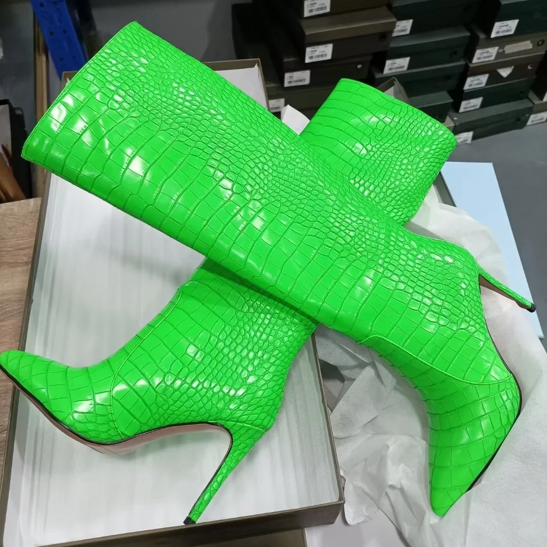 

Moraima Snc Candy Color Slip on Stone Print Boots for Women pointed Toe Knee High Boots Stiletto High Heels Runway Shoes on Heel