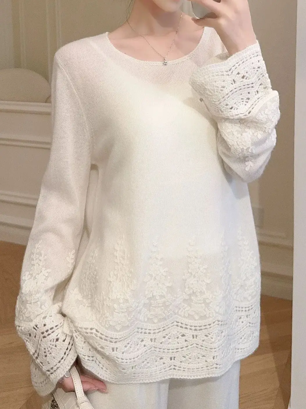 

Autumn Women's Cashmere Knitted Pullover Embroidery Hollow Out O-Neck Long Sleeve Casual Female Sweater