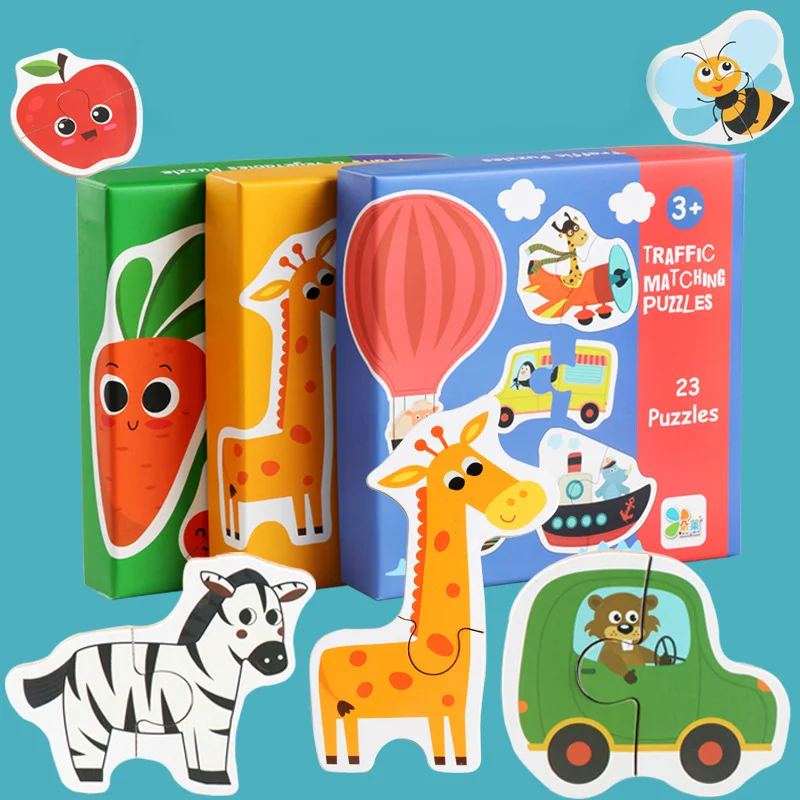 Kids Wooden Matching Jigsaw Puzzle Game Early Learning Cognition Animal Fruit Traffic Educational Toys for Children Gifts