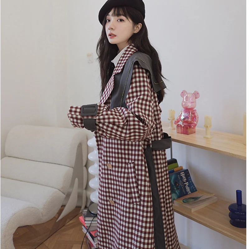 Navy Collar Shawl Plaid Trench Coat Women Autumn 2023 Double-Breasted Overcoat Popular Hepburn Wind Long Windbreaker Jacket Lady