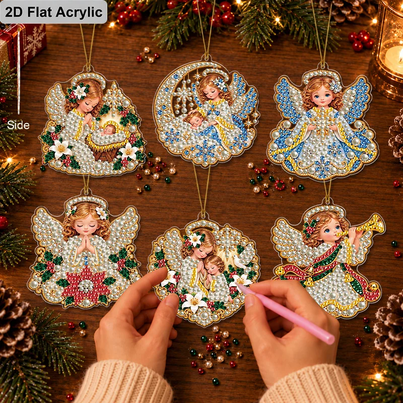 2D Flat 12pcs Christmas Pearl Diamond Art Painting Pendant Kits, Acrylic DIY Diamond Art Window Hanger, Religious Nativity