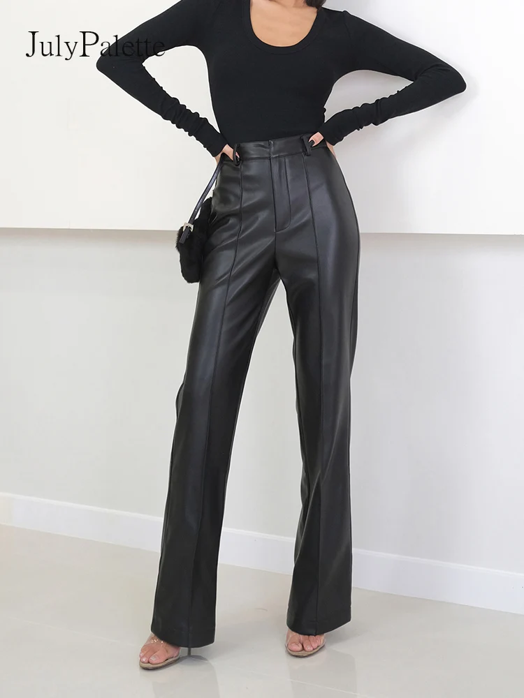 JulyPalette Black High Waist Straight Leather Pants 2023 Spring Fashion Women Faux Leather Trousers Chic Ladies Leisure Pants