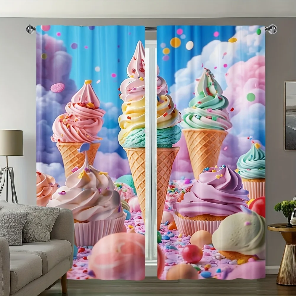 Kawaii Pastel Ice Cream Cone Sprinkle Cartoon Window Curtain Sweet Dessert Nursery Kids Room Decor Polyester Blinds Panel