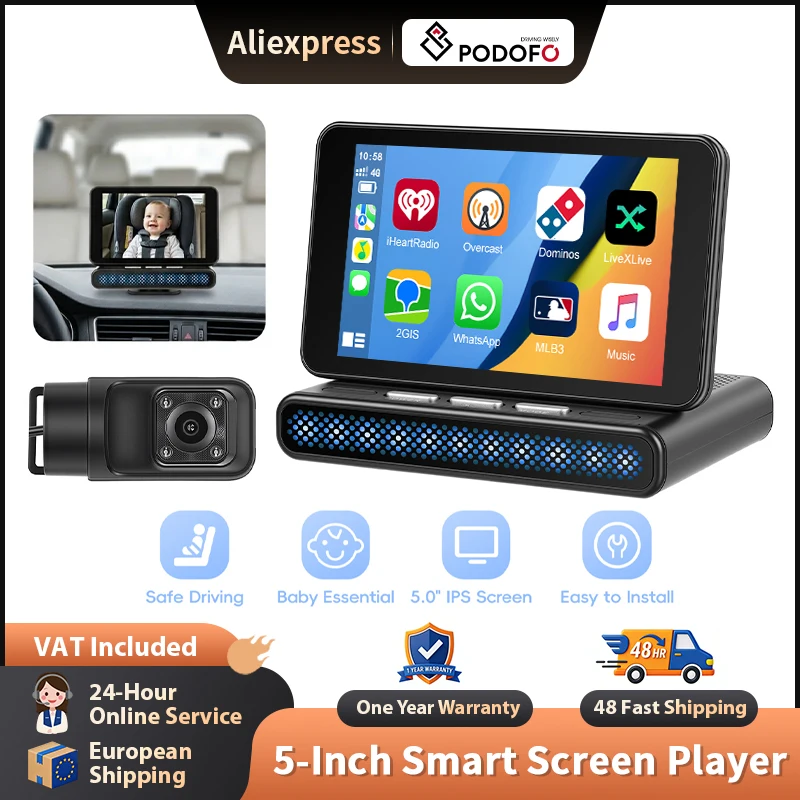 Podofo Moniteur Bébé Sans Fil 5 Pouces avec CarPlay et Android Auto, Caméra de Surveillance pour Voiture, Écran Stéréo Radio avec Caméra Arrière, Lecteur Intelligent avec Emplacement pour Carte SD et Bluetooth, Objectif Grand Angle pour Surveillance de Bébé
