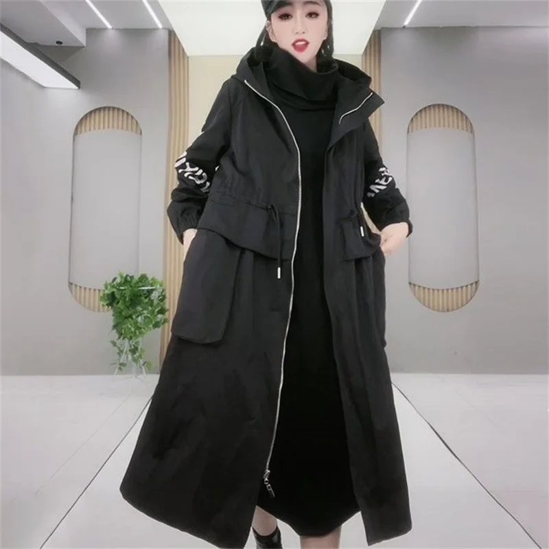 Casual Letter Windbreaker Coat, Women\'s, Korean Zipper Hooded Long Trench Coats, Black Overcoats, Spring, Autumn, New, 2025