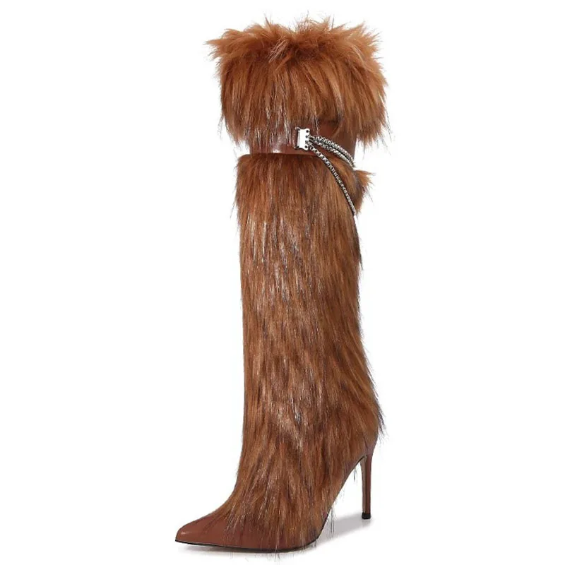 2025 New in Pink Fur Padlock Shark Boots Black/White Chunky Heel Leather Pointed Toe Mid Calf Boots Women's Sexy Luxury Shoes