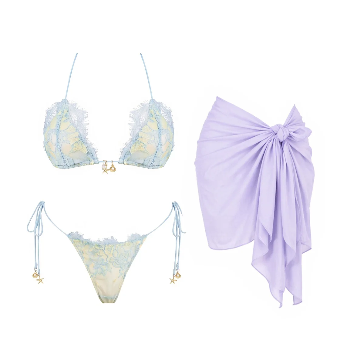 Neues 3-teiliges Spitzen-Bikini-Set Sexy Badeanzug Damen Bademode Brasilianischer Biquini Push-Up Badeanzug Weiblicher Patchwork-Schwimmanzug Strandkleidung
