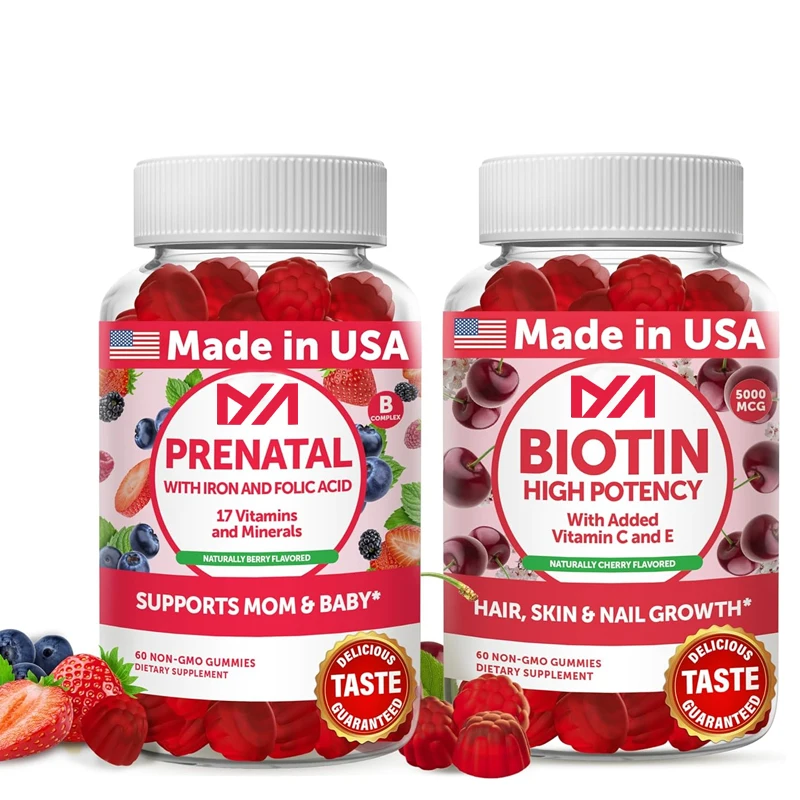 Conjuntos de gummie Prenatal y biotina, hierro y ácido fólico, suplementos para el crecimiento del cabello, la piel y las uñas