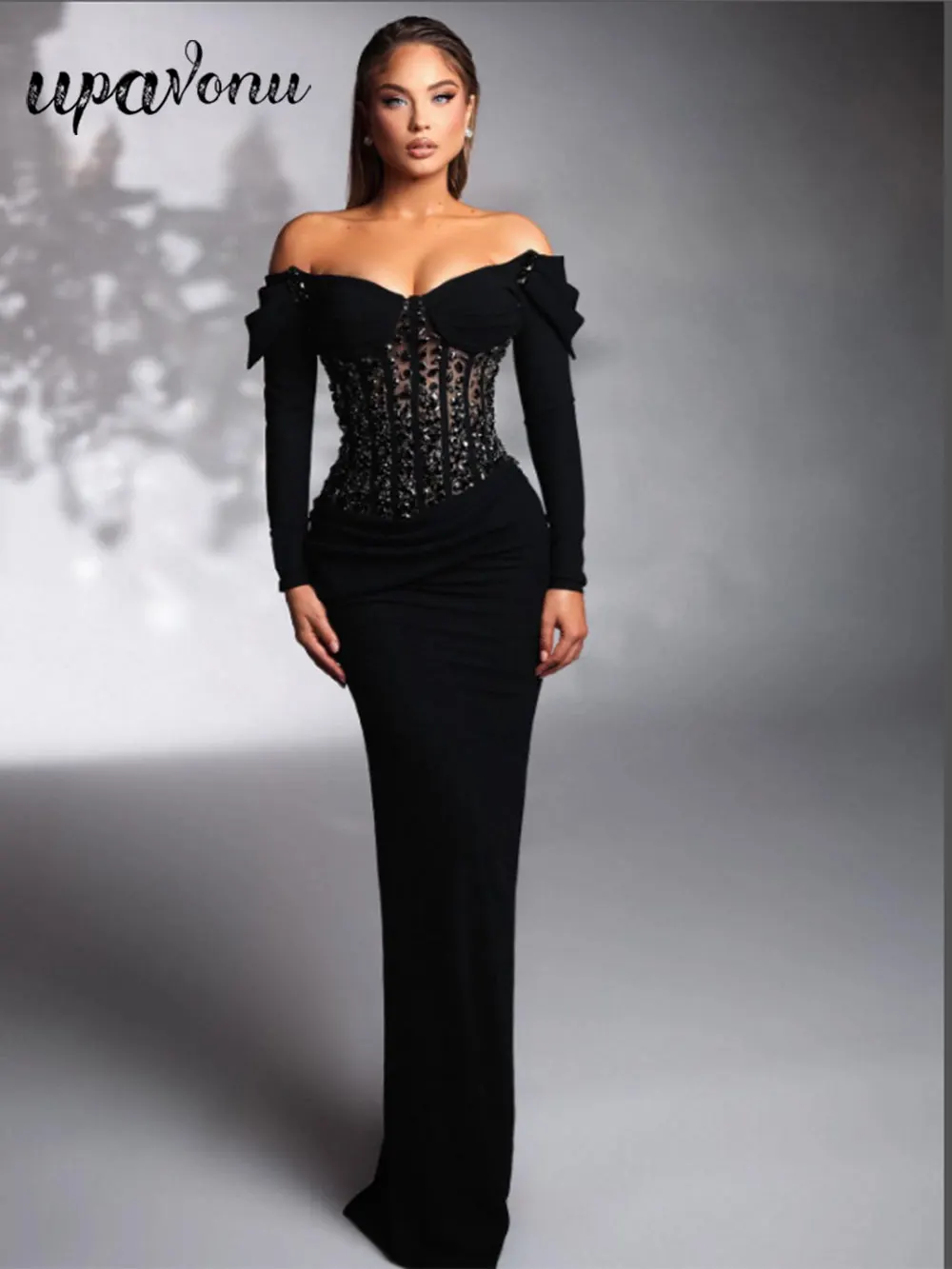 

2024 Sexy High-End Rhinestone Marx Dress Off The Shoulder Long Sleeved Bodycon Draped Mesh Patchwork Split Long Velvet Dresses