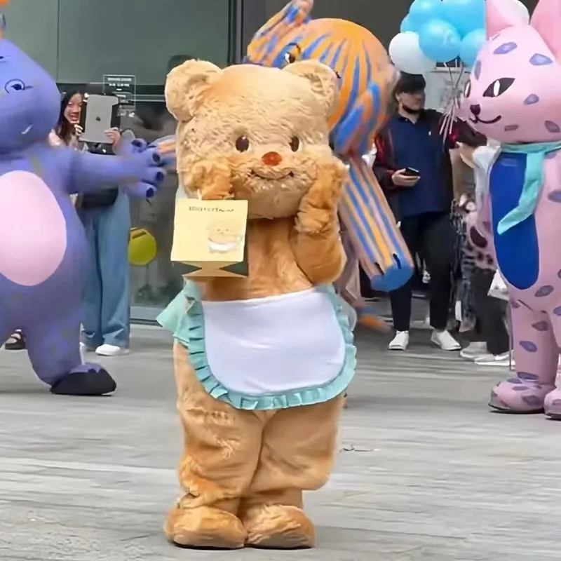 Simbok-Mascote de pelúcia urso fantasia, boneca vestindo avental, articulações cabeça urso, trajes de festa de aniversário, novo