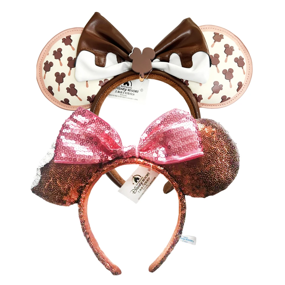 Headband Es Krim Mickey Bermerek Disney Co untuk Dewasa/Anak-anak Disneyland, Kulit PU Cokelat dengan Pita di Telinga, Hadiah Natal untuk Wanita
