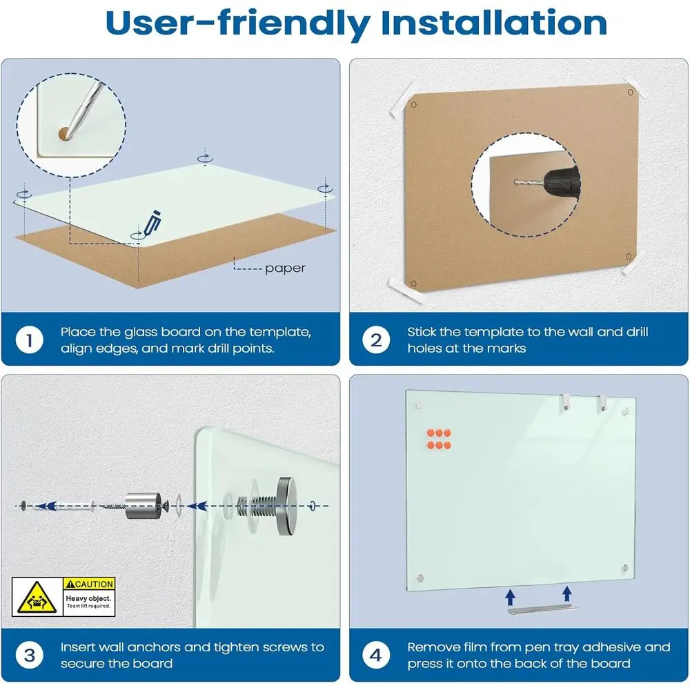 سبورة بيضاء من الزجاج المقسى مثبتة على الحائط مقاس 36 × 24 مع تصميم مغناطيسي بدون إطار للمنزل والمكتب والمدرسة