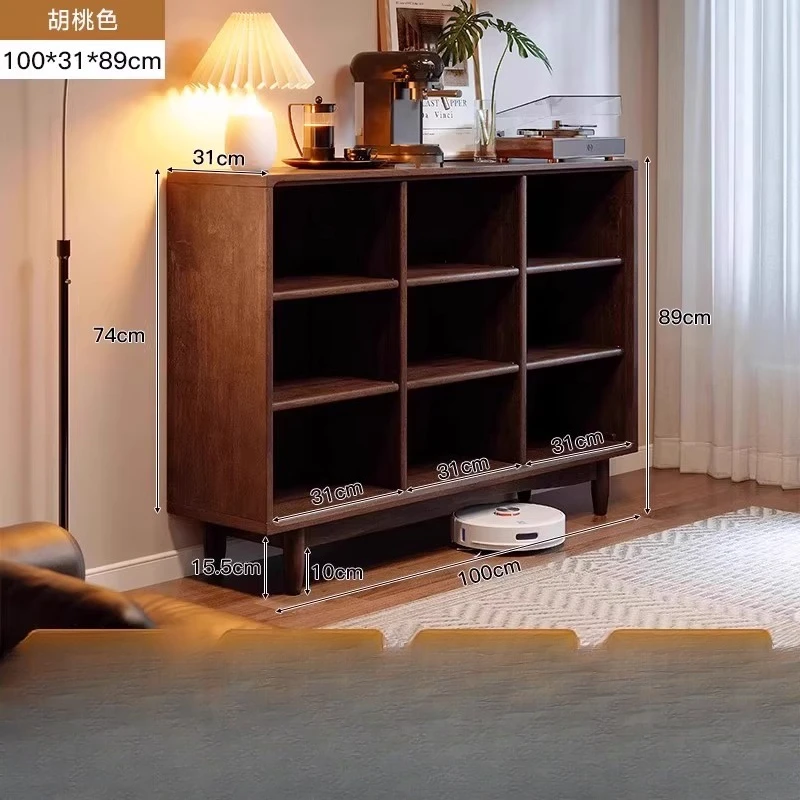 Solid wood bookcase, storage, integrated against the wall, living room, floor, bookshelf, storage