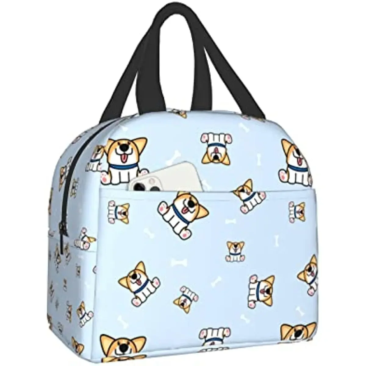 Cute Corgi Dog and Bone Sitting Together Women's Lunch Bag Men's Adult Insulated Lunch Box Reusable Lunch Handbag