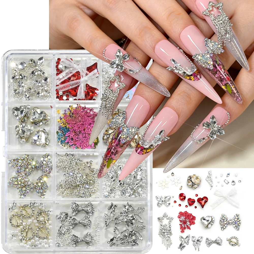 

Набор из 12 сеток: Роскошные блестящие металлические бабочки, бантики, стразы для ногтей, блестящие серебряные звезды, кисточки, кристаллы, сердечки — украшения для ногтей, декор для DIY маникюра