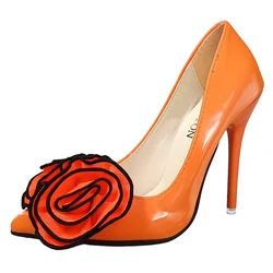 Super High 12cm Stiletto Heels Pumps Women Shoes Flowers Appliques Pointed Toe Orange Patent Leather Office Party Thin Heel