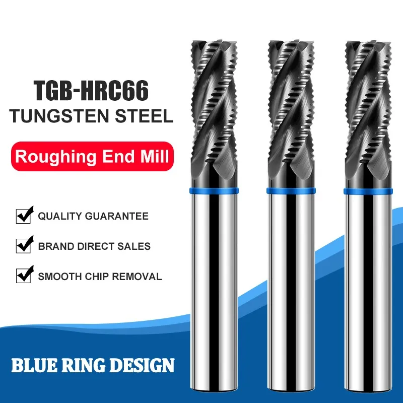 AZZKOR TGB-HRC65 Nano Coating 4-Flute Tungsten Steel Carbide Roughing Milling Cutter CNC Machinery Machining Rough End Mill Tool