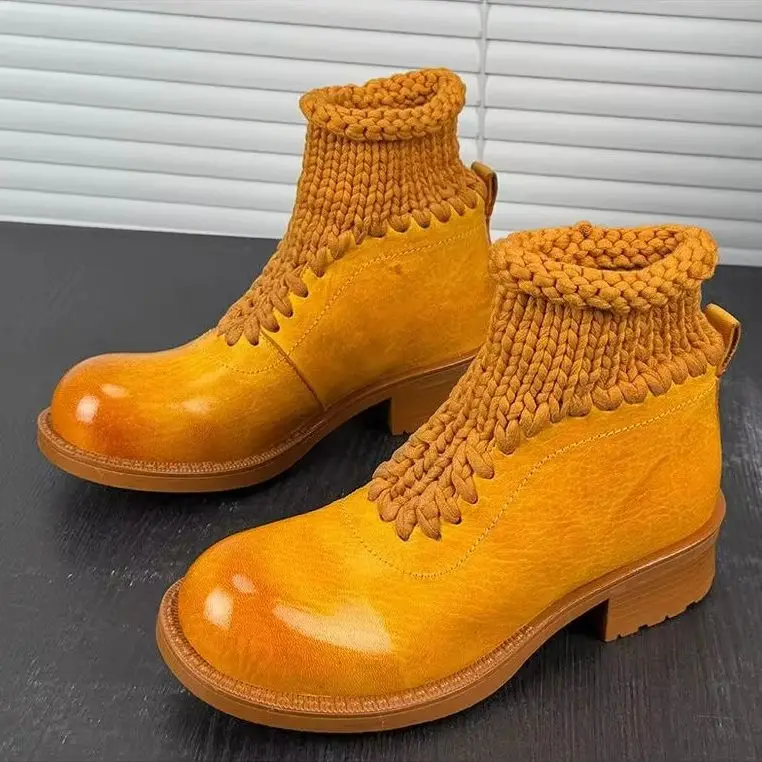 Women's Ankle Boots Knit Cuff Washed Horse Leather Round Toe Low Heel Back Zipper Retro Casual Soft Comfortable Ladies BootsF431