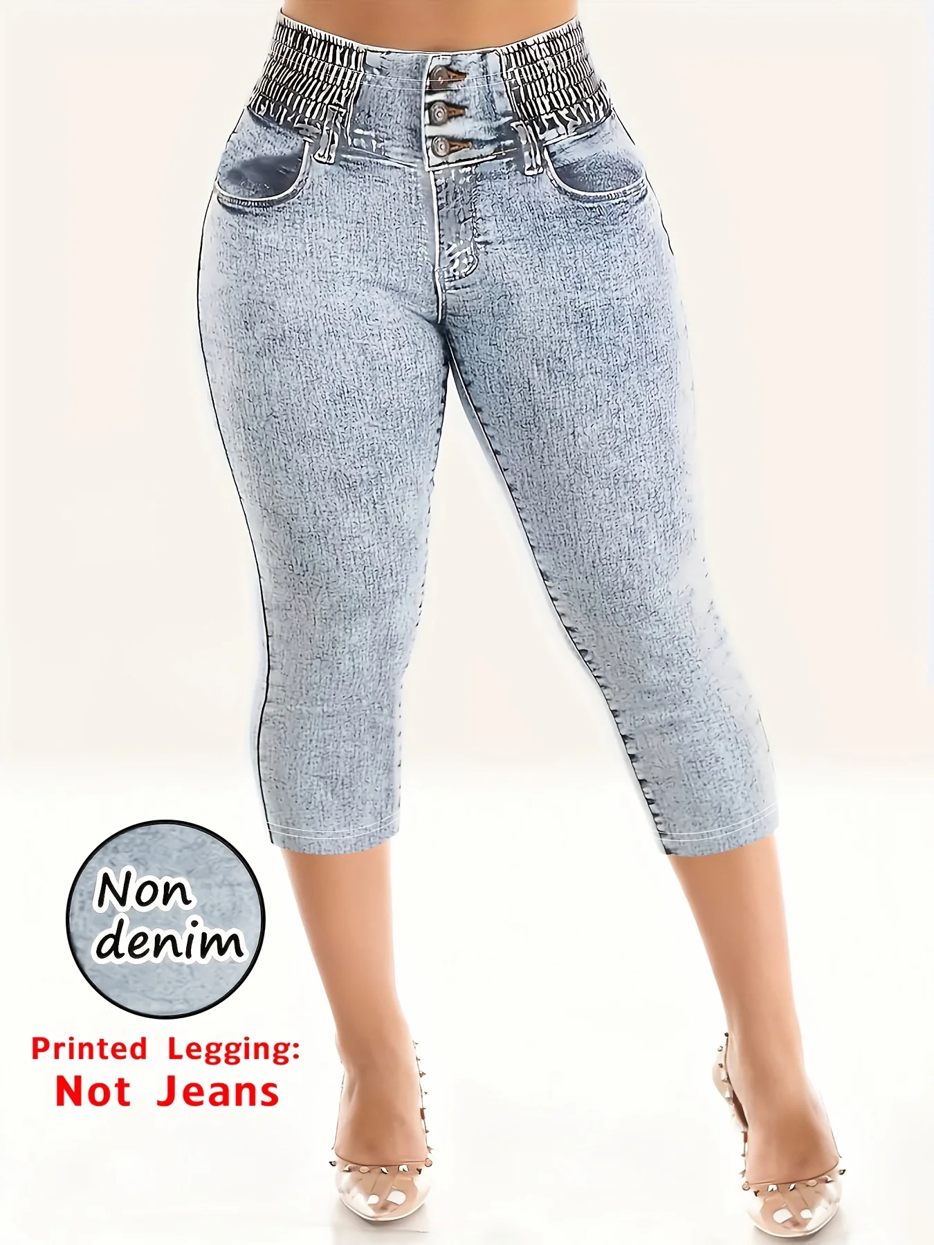 Women's faux denim printed capri leggings, non-denim casual skinny pants, thin breathable sports casual yoga pants