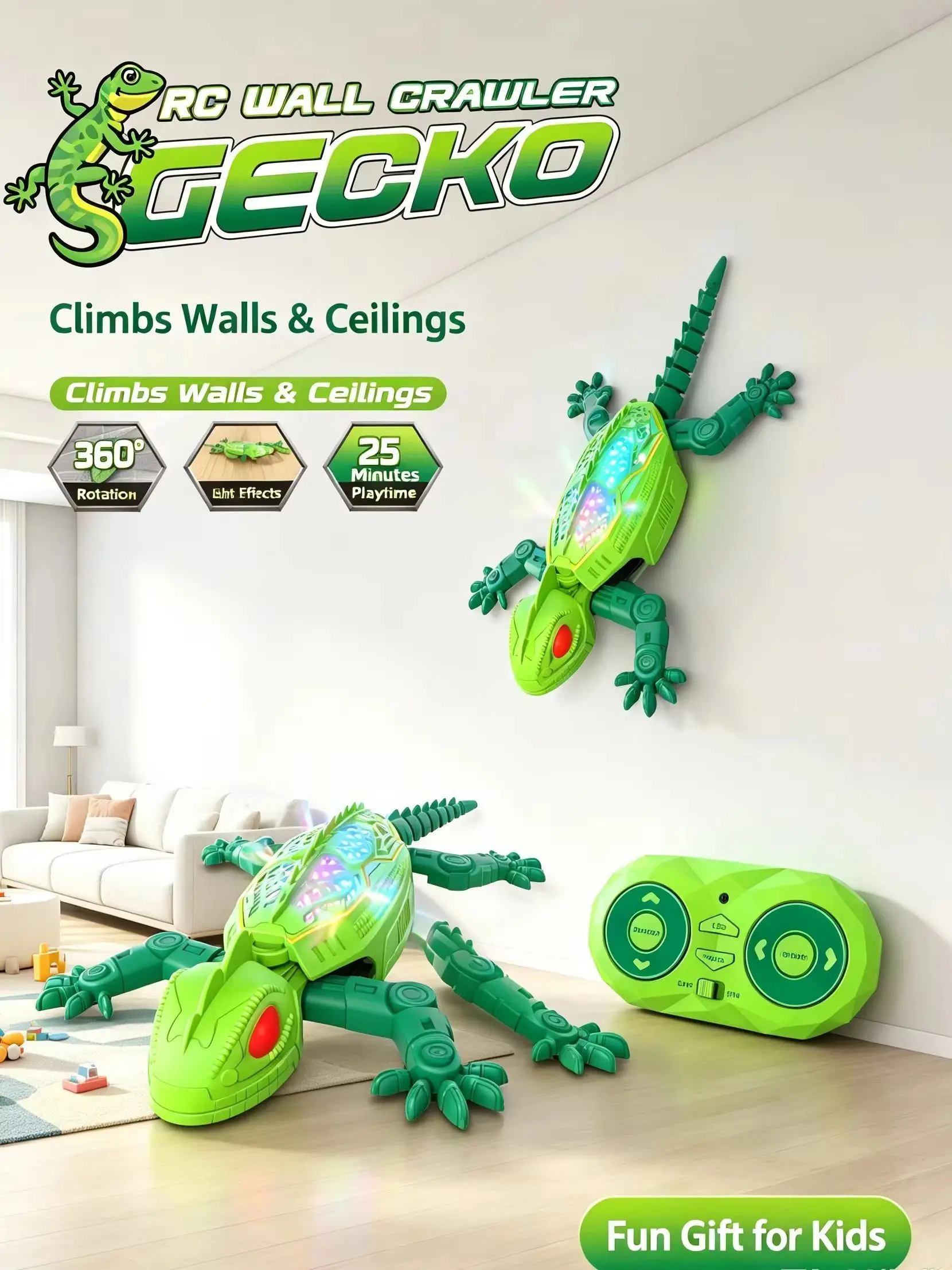 2.4G RC Wall Climbing Gecko Toy Remote Control Crawler Lizard Robot with LED Light 360° Rotation Simulation Reptile Prank Toy