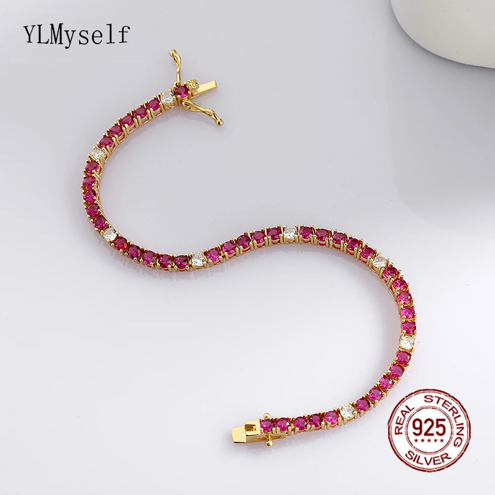 3MM Ruby Fuchsia Pink Mix White Cubic Zircon 15-21 CM Chain Fine Jewelry For Women Solid Real 925 Silver Tennis Bracelet