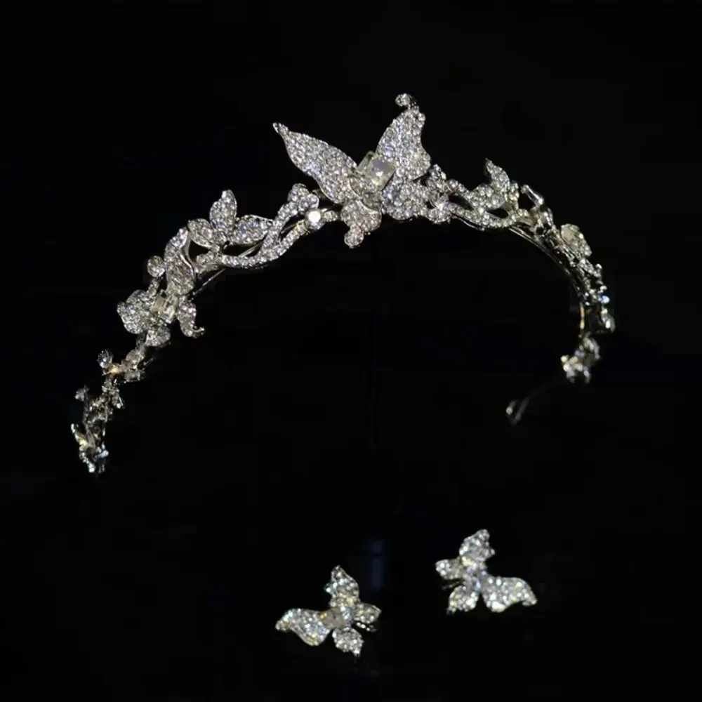 

Bride Headdress Butterfly Crystal Tiara Set Ear Clip Princess Headband Rhinestone Queen Crown Sparkling Luxury