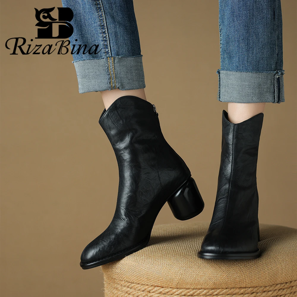 

RIZABINA Genuine Leather Women Ankle Boots Round Toe High Heeled Zipper Short Boot Ladies Warm Short Plush Fashion Knight Boots