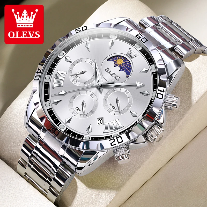 OLEVS 2949 Quartz Movement Watch For Men Night Light Function Moon Phase Calendar Window Stainless Steel Waterproof Watch