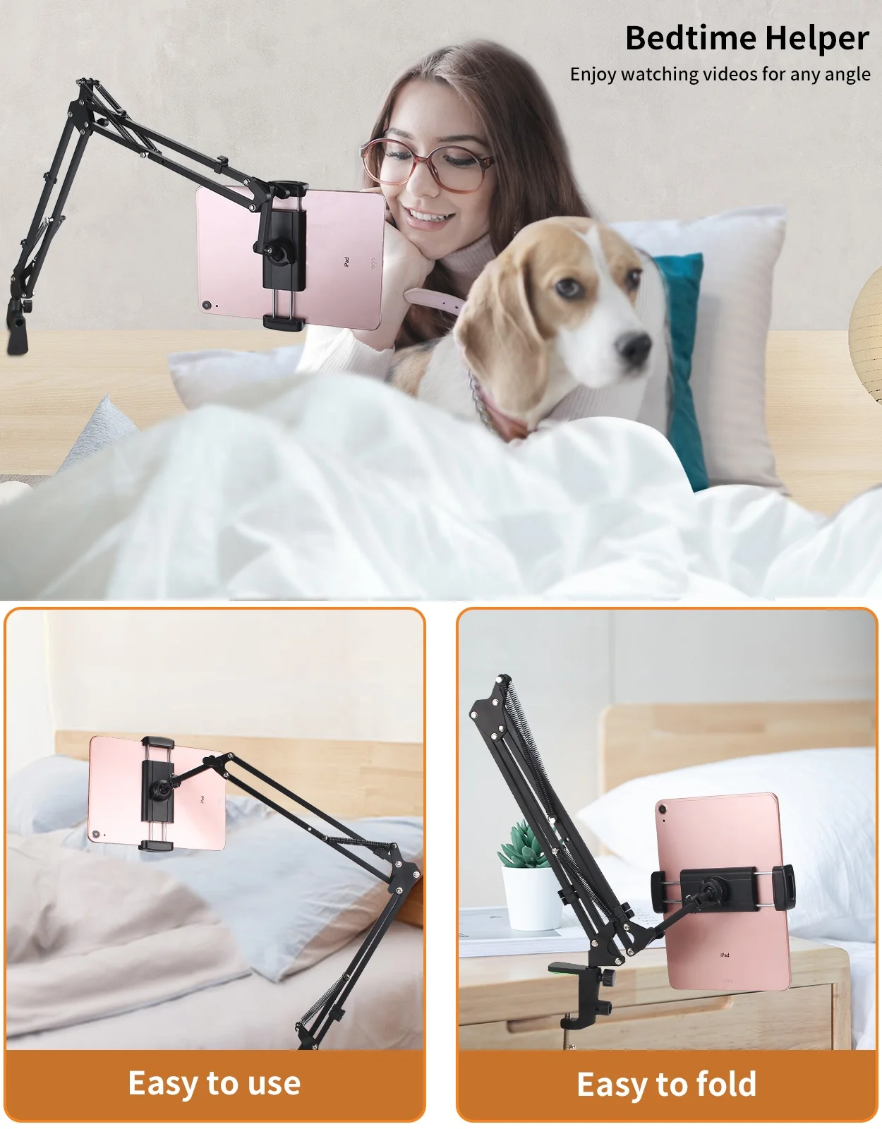 침대용 태블릿 스탠드, 360 도 회전 침대 태블릿 마운트 거치대 스탠드, 아이패드, 휴대폰용 알루미늄 암 포함