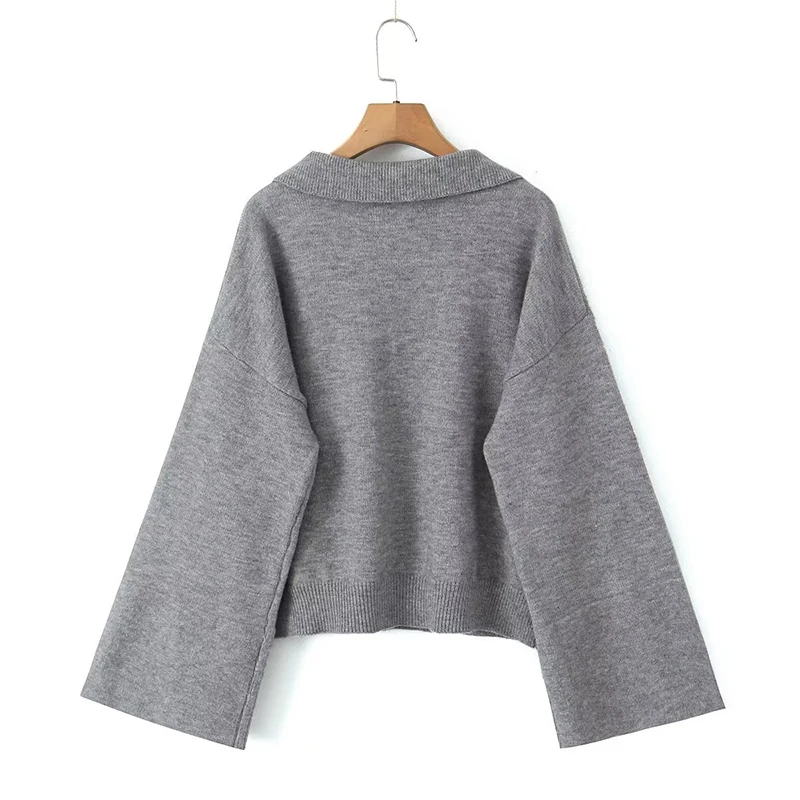 Autumn Women Vintage Oversize Long Sleeve Lapel Collar Gray Pullover Sweater