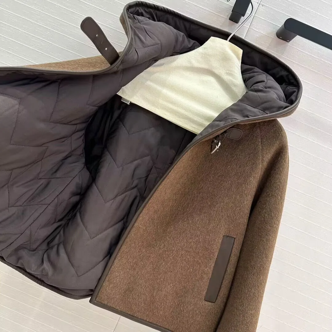 2024 New Fashion Winter Cotton Liner Warm Woolen Coat Women Hooded Leather Buckle Long Sleeve Brown Vintage Loose Chic Jacket