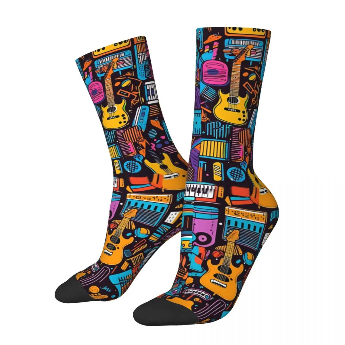 Retro Multiple Musical Instruments Men\'s Socks Rock And Roll Music Unisex Harajuku Seamless Printed Happy Crew Sock Gift