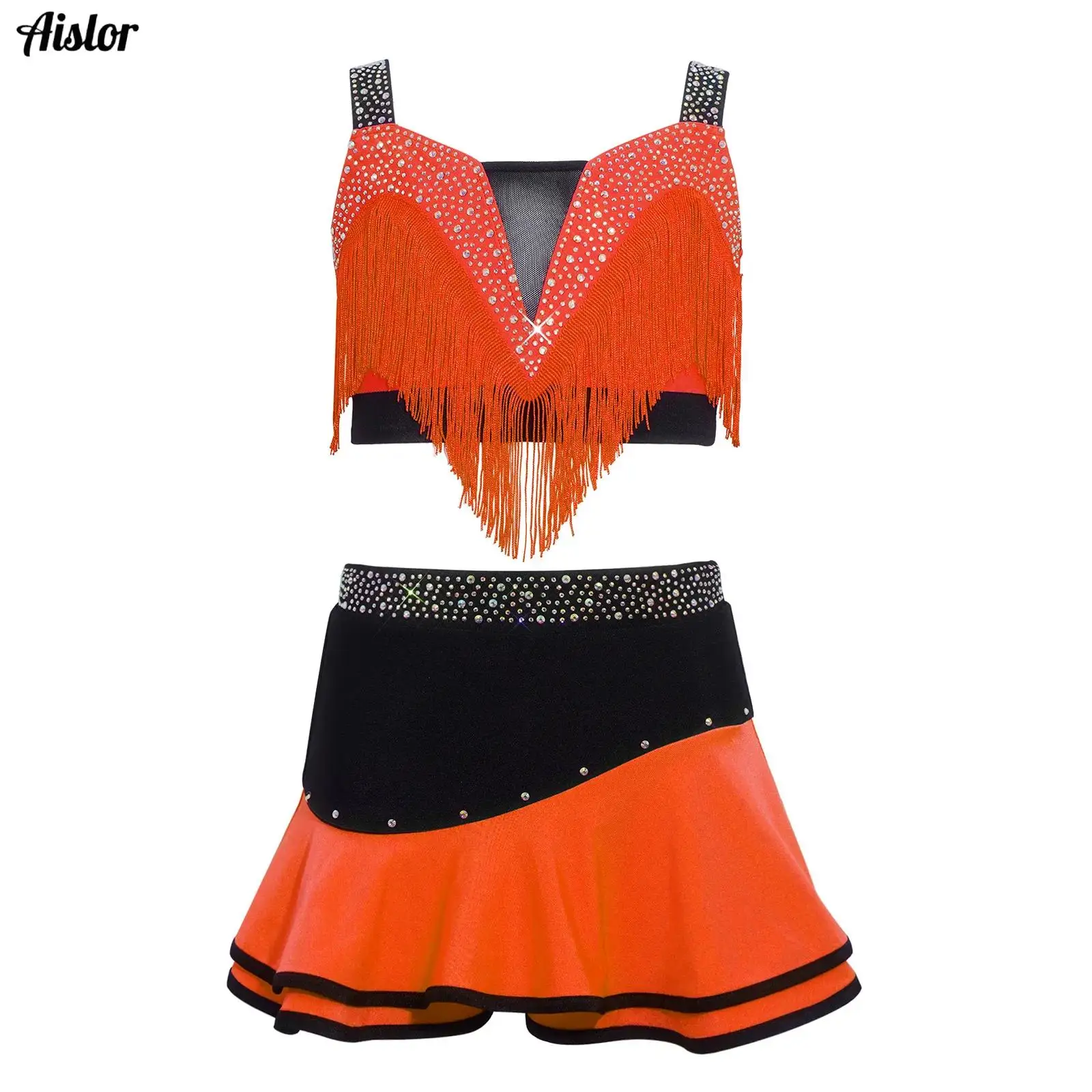 

Kids Girls Latin Lyrical Dance Outfit Figure Skating Costume Rhinestones Crop Top with Skirt Rhythmic Gymnastic Rumba Dancewear