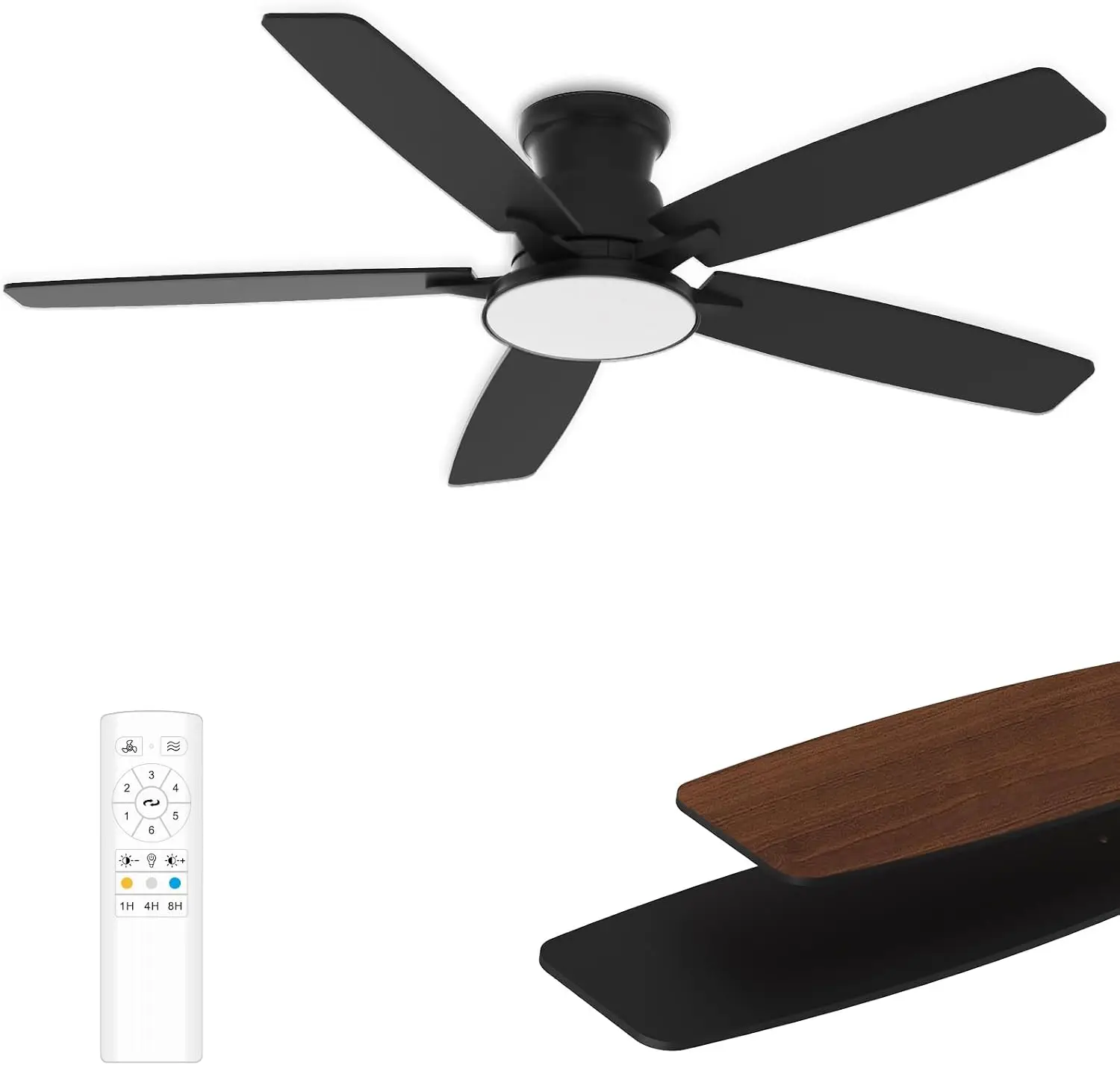 52" Ceiling Fan with Light, Remote, 6-Speed Silent DC Motor, Dimmable LED, Low Profile, Indoor/Outdoor, Matte Black