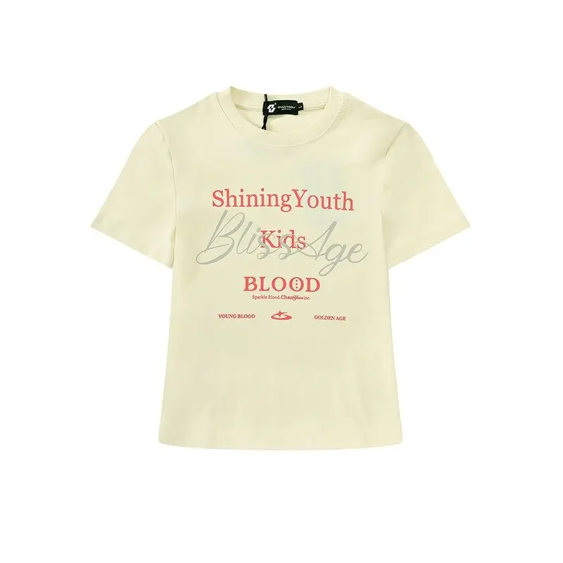 

Новинка лета 2024, женская футболка с коротким рукавом и открытыми плечами в американском ретро-стиле с надписью