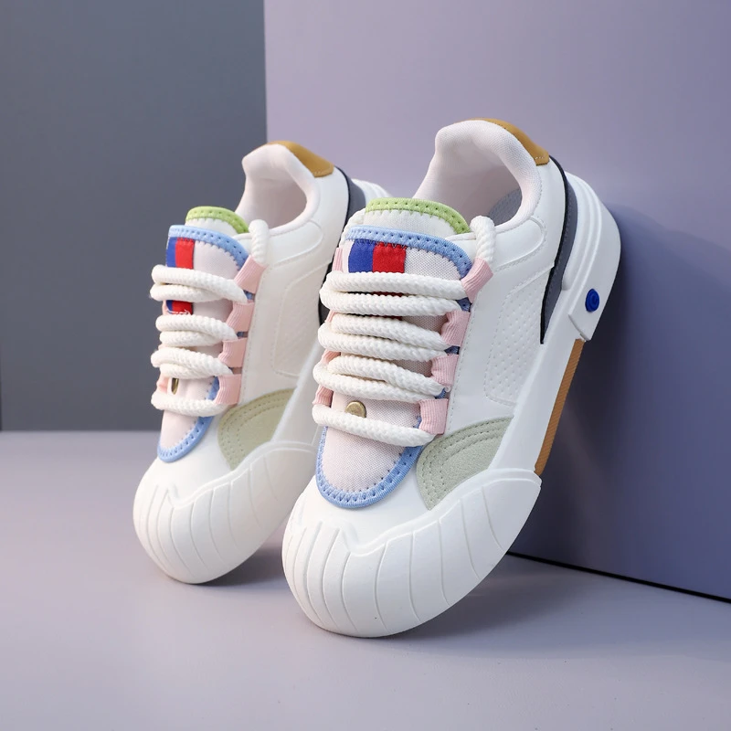 Women Wave Shell Toe Cap Lace Up Trainers Woman Low Top Pastel Contrast Trim Sneaker Macaron Color Block Leatherette Skate Shoes