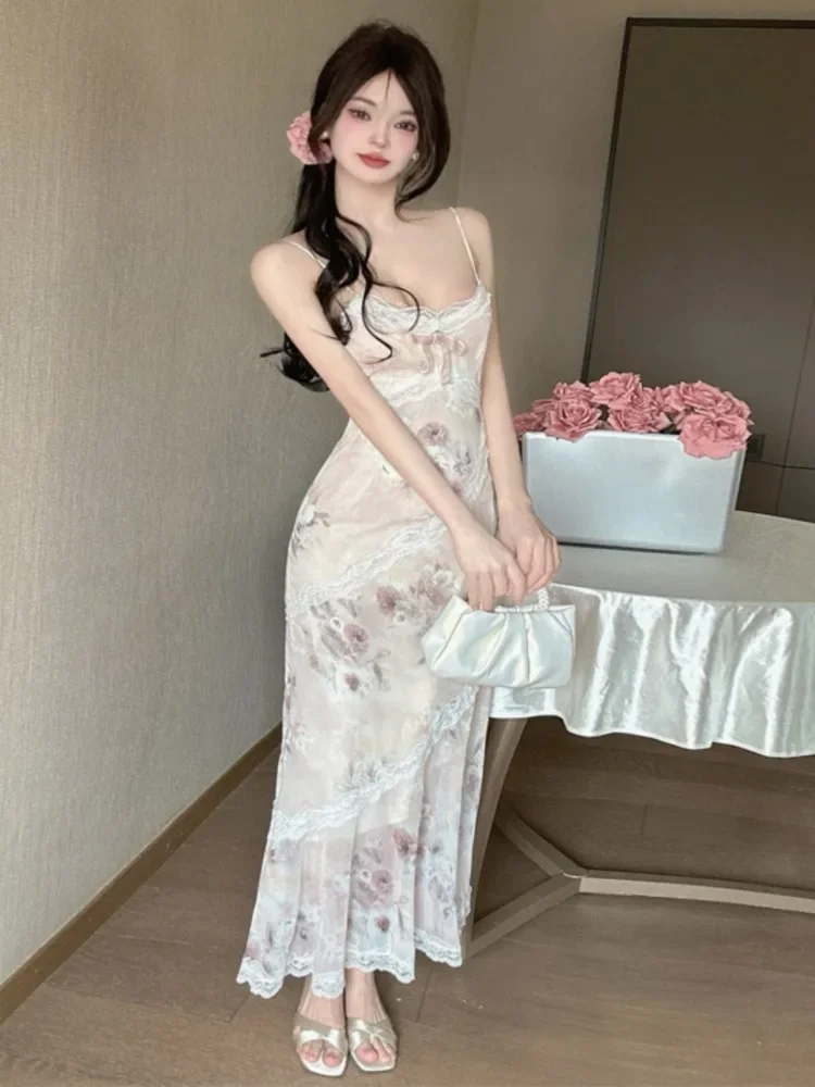 Woman Dress Floral Printed Sexy Lace Patchwork Sleeveless Slim Elegant Bow Vintage Party Dresses Backless Ladies Summer