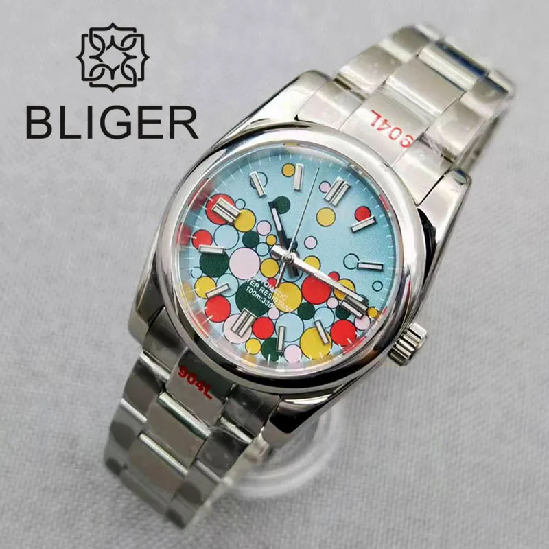 BLIGER jam tangan tali baja 36/39mm untuk pria, arloji tali baja panggilan biru hijau bercahaya NH35A gerakan otomatis gesper kunci safir kaca