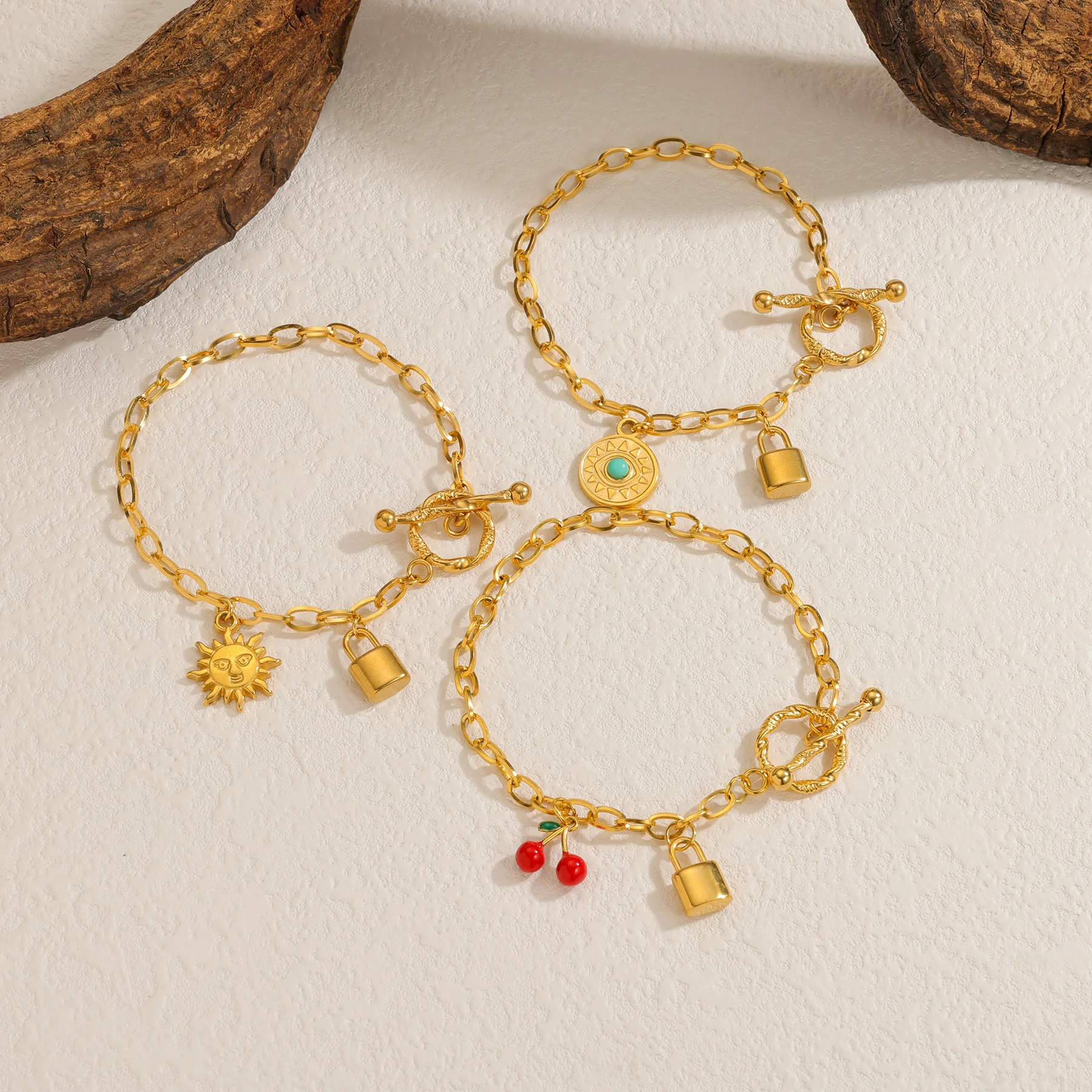 Atoztide موضة بسيطة حبل بني سوار للنساء الفولاذ المقاوم للصدأ متعددة نمط الكرز الشمس ستار سحر سوار مجوهرات هدية