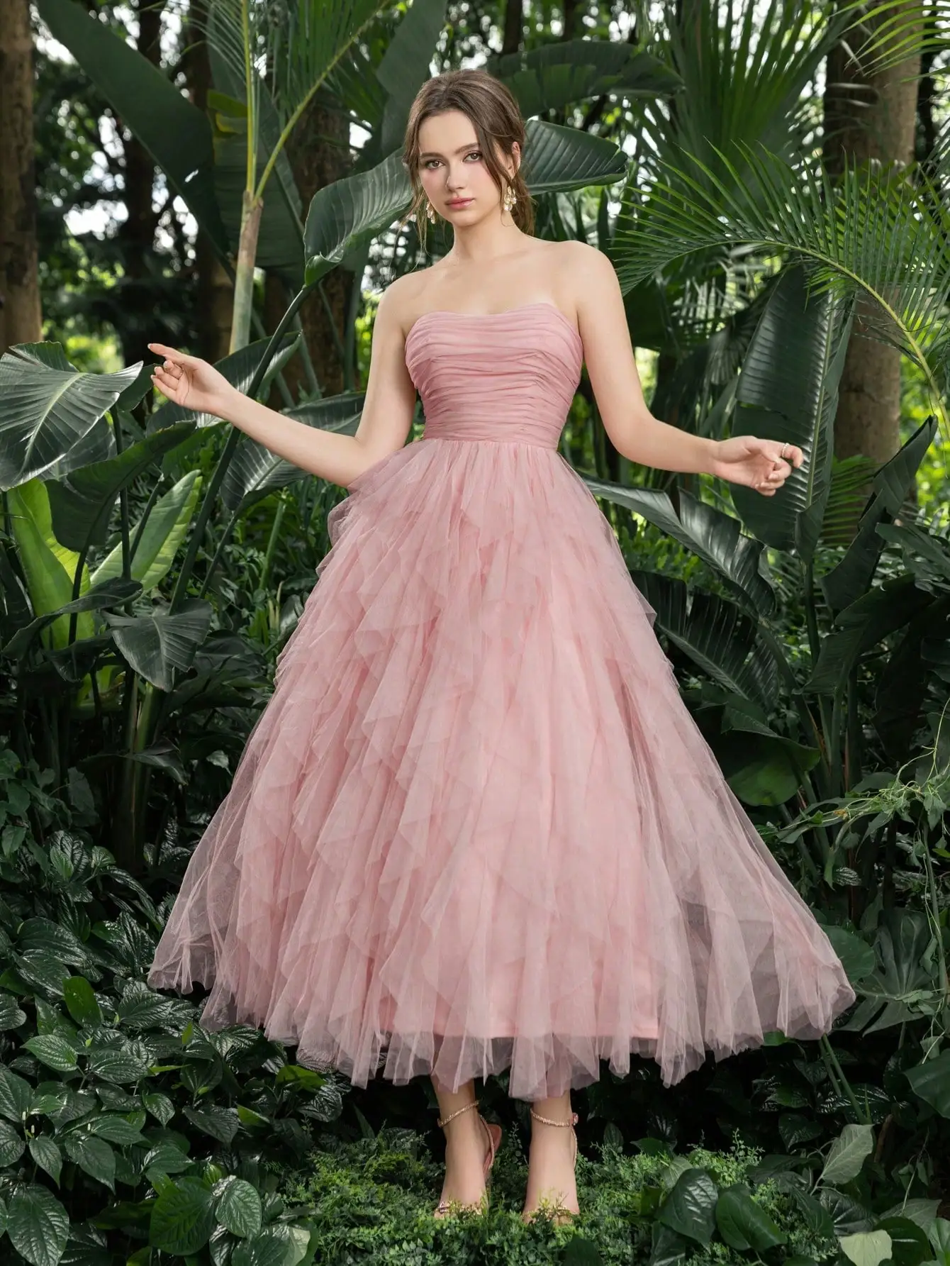Elegant Strapless Tulle Dress with Ruched Bodice and Cascading Ruffles for Prom, Homecoming, or Formal Events