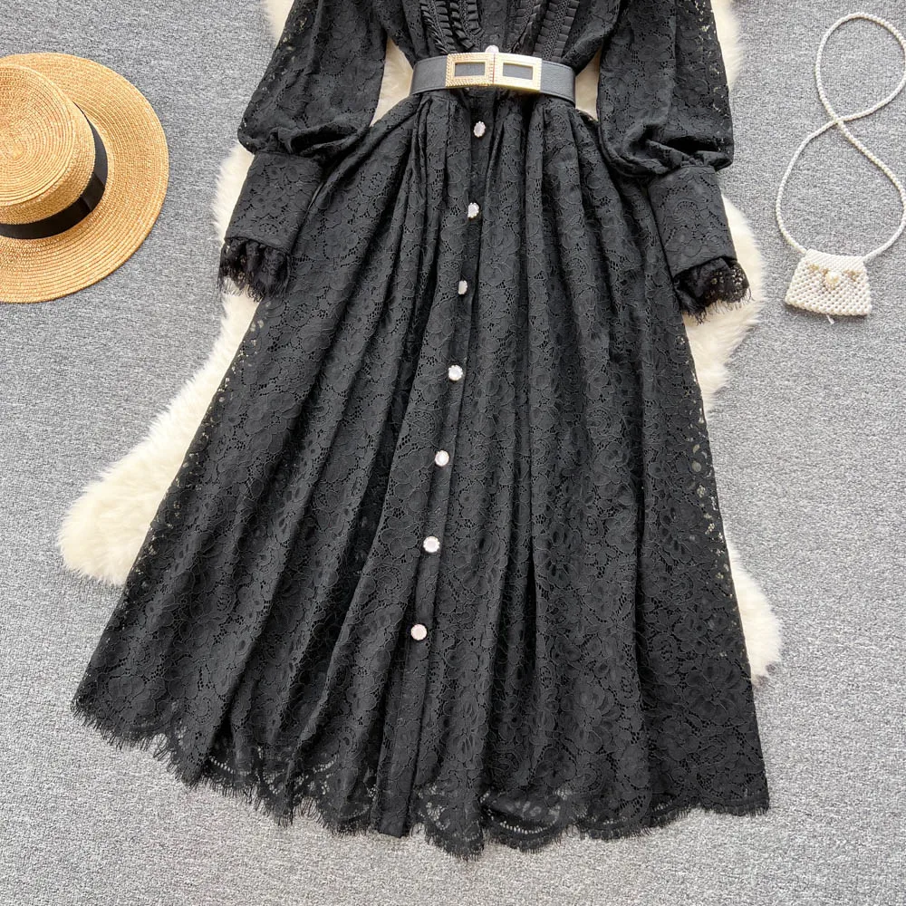 Elegant Black Lace Dress Women Lantern Sleeve Turn Down Collar Hollow Out Big Swing Long Dress Spring Autumn Ladies Party Dress